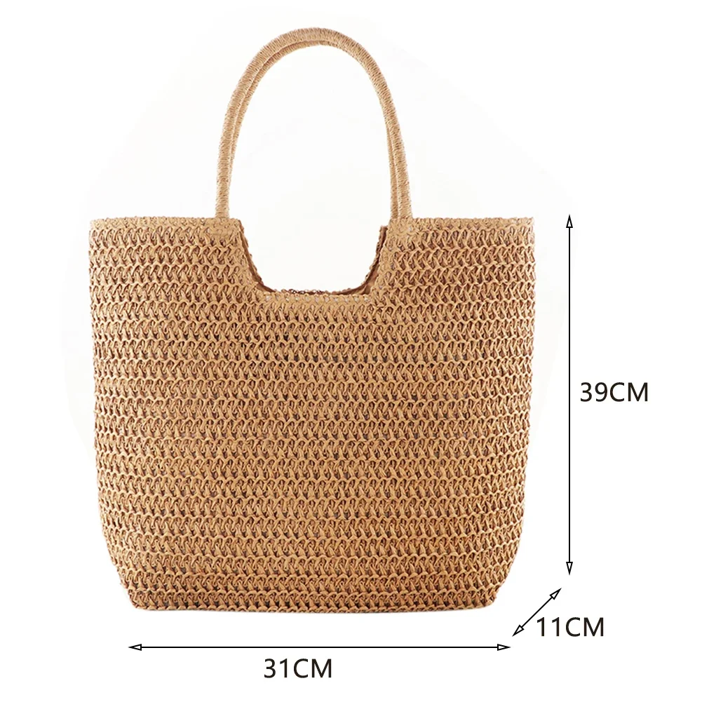 Women Straw Hobo Bag Large Capacity Crochet Beach Handbag Zipper Closure Weaving Travel Handbag Ladies Summer Daily Bag