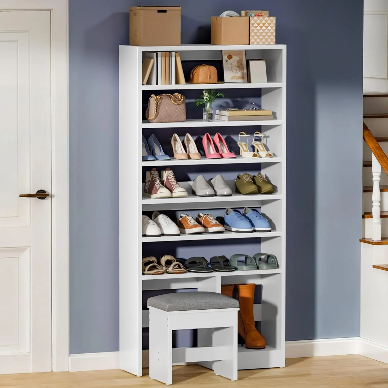 

8-Tier Shoe Cabinet With Hidden Bench Open Storage High Boots Cubby Entryway Living Room 70.9in White, Customized