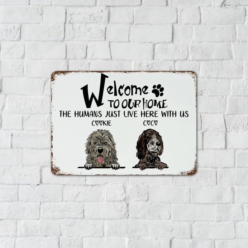 CIFbuy Custom Dog Names Vintage Metal Plaque,Welcome Home Funny Pet Wall Ornament Gift (For Decoration Only)