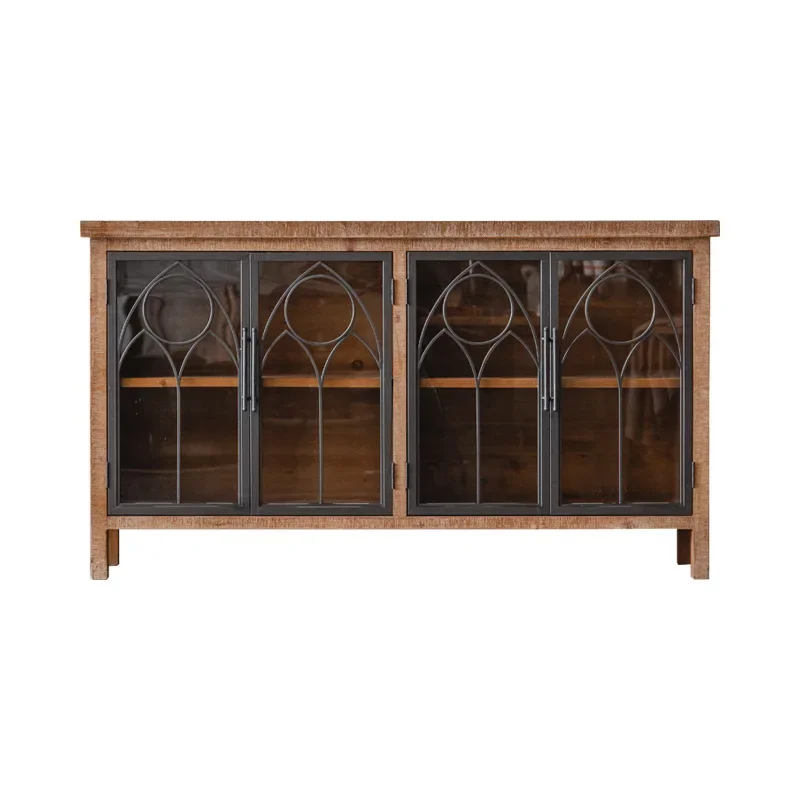 

Solid wood carving flower, retro cabinet American style, glass wine cabinet wrought iron, three doors and four