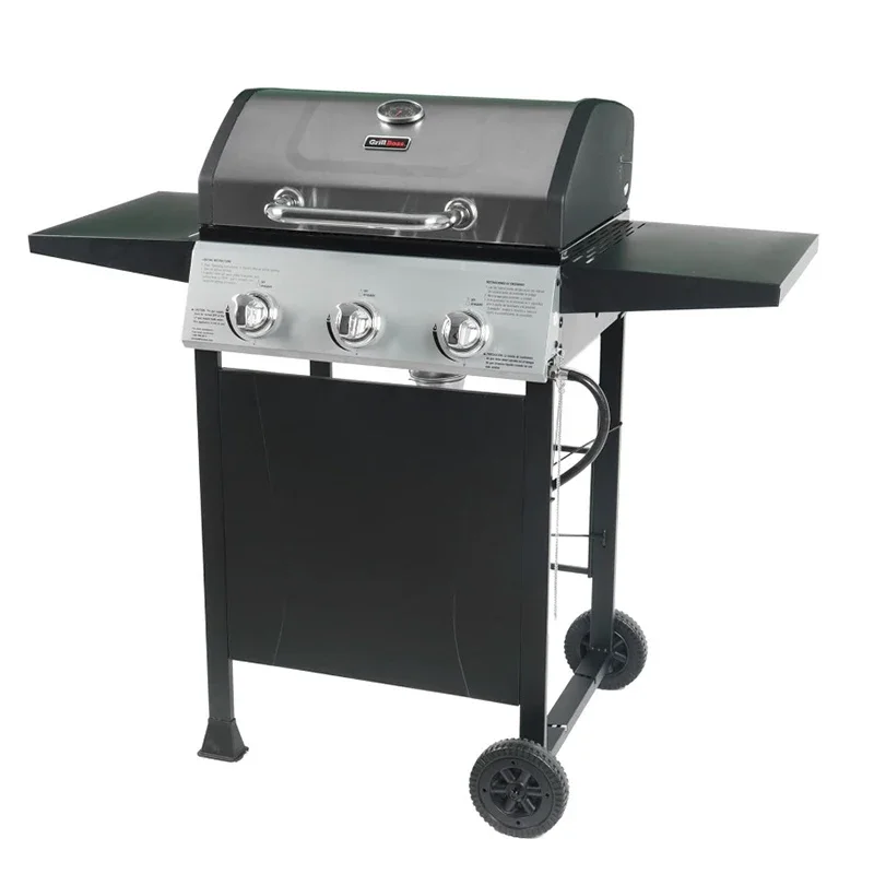 Grill Boss Outdoor Propane Gas BBQ Grill with Side Burner Lid Wheels Shelves Bottle Opener and 3 Burners