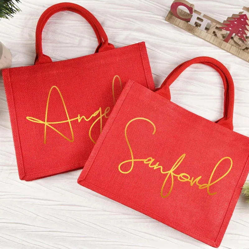 Personalized Christmas Gift Bags Custom Bridesmaid Wedding Red Large Burlap Christmas Eve Holiday Party Gift Tote Bags Sacks