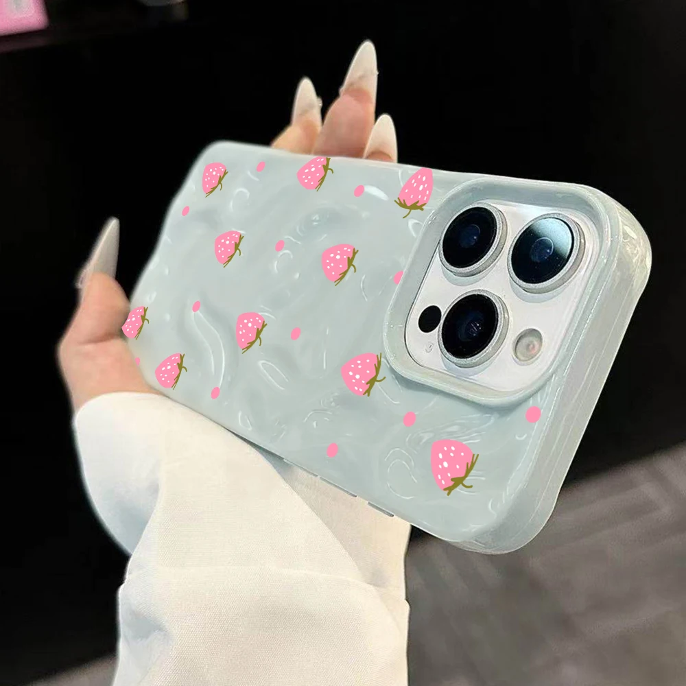 Einfache Handyhülle mit Erdbeer-Polka-Dots für iPhone 17 16 15 14 13 12 11 Pro Max 14 Plus 17Air, Falten-Wellen-Design, weiche Silikonhülle – Detail 1