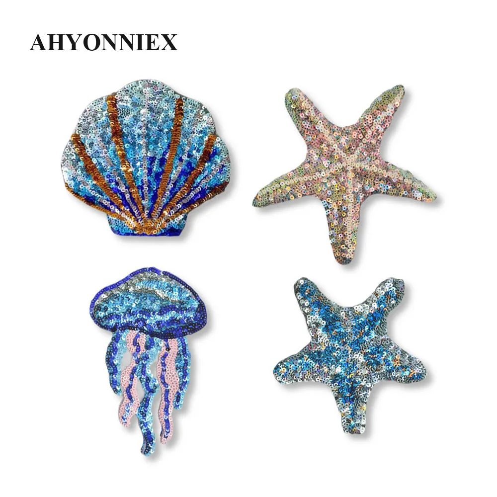1 or 4 Pieces Fashion Cute Blue Sequins Ocean Shell Jellyfish Patches Iron on Applique for Jeans DIY Clothing Accessories