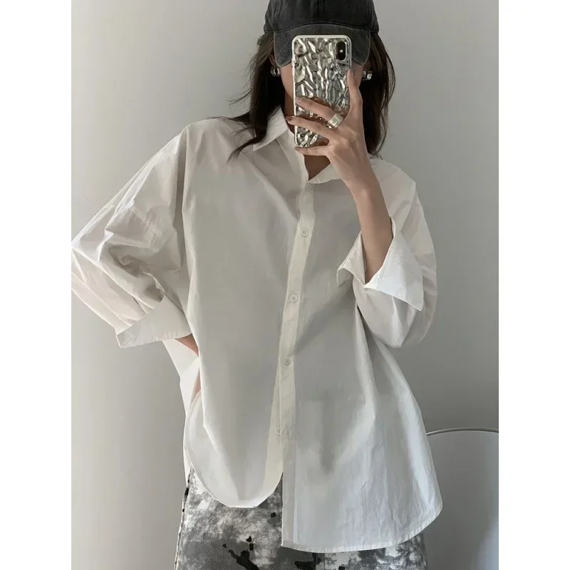 New Preppy Style Women Simple Shirt Korean Fashion Loose Harajuku Blouse Autumn Long Sleeve All Match Design Blue Tops Chic