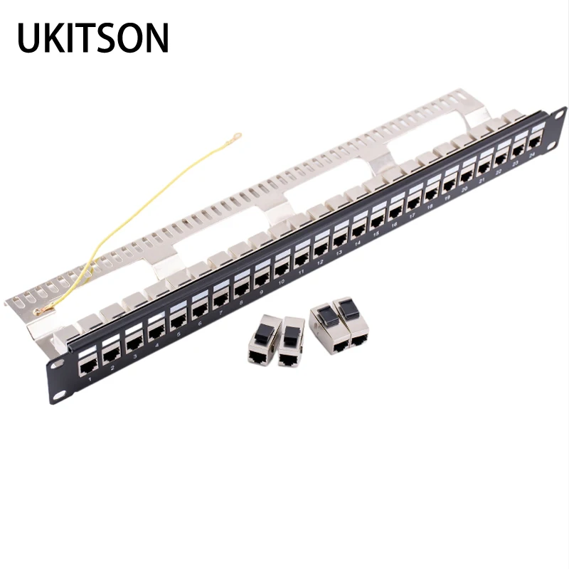 24 Ports Shielded CAT6 RJ45 Patch Panel Pass Through LAN Keystone Jack Coupler Network 19 Inch Cabinet Cabling Bracket Frame