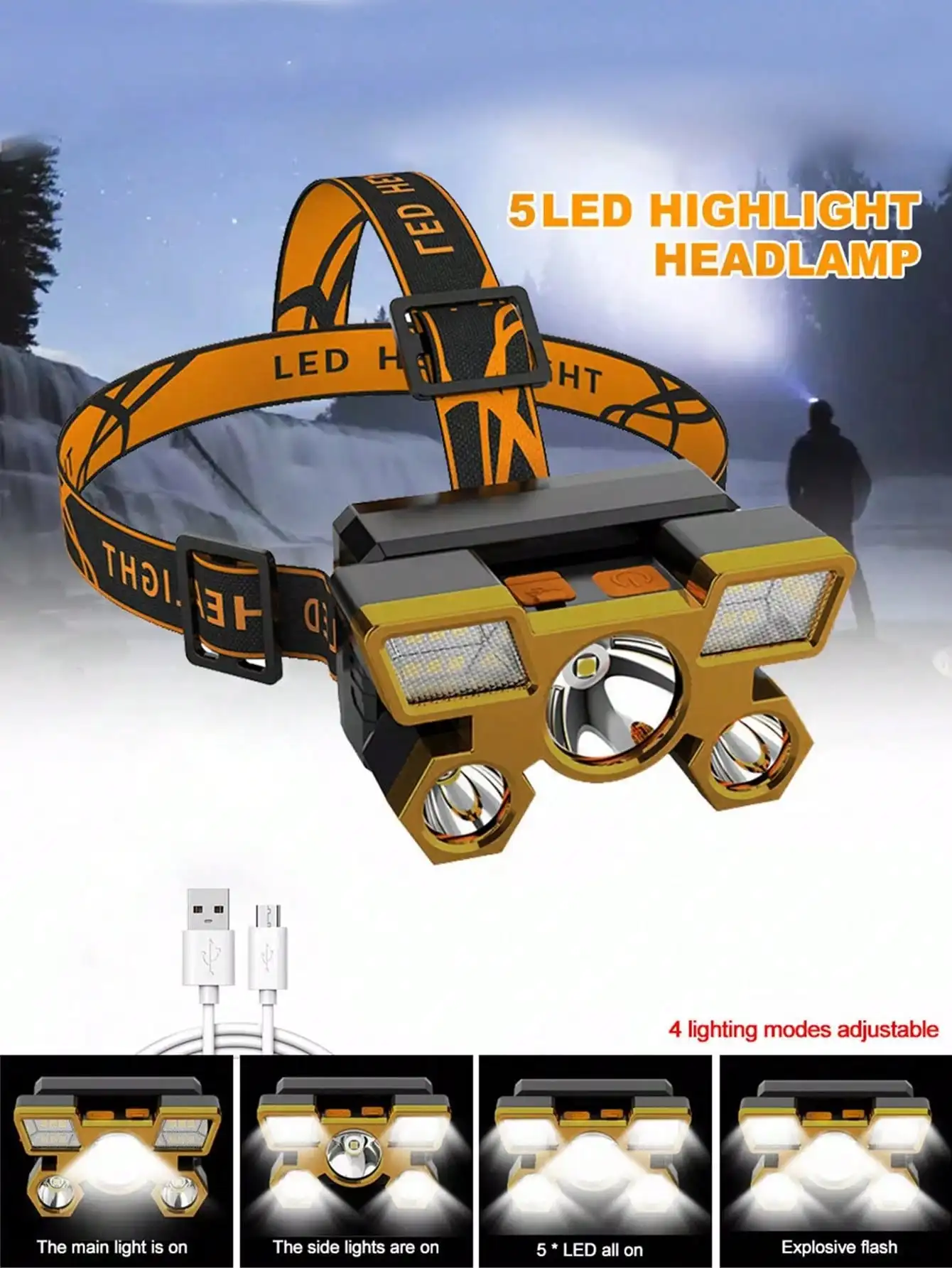 1pc, Rechargeable LED Headlight, 5 LEDs, USB Rechargeable, Suitable for Outdoor Camping, Exploration, Fishing, Cycling