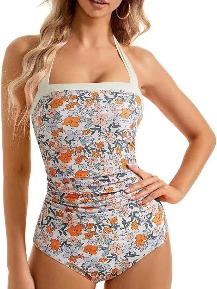 Sexy Backless Monokini 2026 Slimming Color Block Swimsuit Tummy Control One Piece in Multiple Colors Women Halter Bodysuit Swim