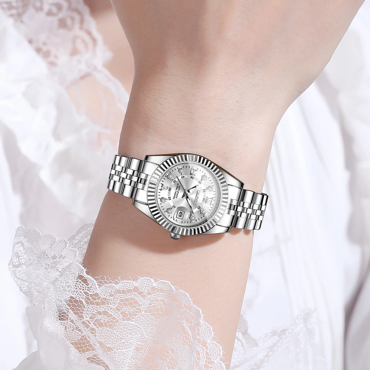 Modische Damen-Quarzuhr mit Roma-Zifferblatt, Strass, Edelstahl, Kalender, Armbanduhren, Reloj Mujer, Geschenk (ohne Box) – Detail 16