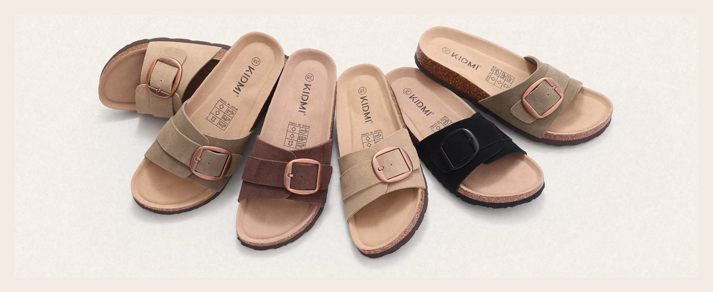 Shevalues Modische Damen-Sandalen mit Verstellbarer Schnalle, Echtes Wildleder, Rutschfeste Slides, Weiche Sohle, Kork-Einlegesohle, Pantoffeln – Detail 8