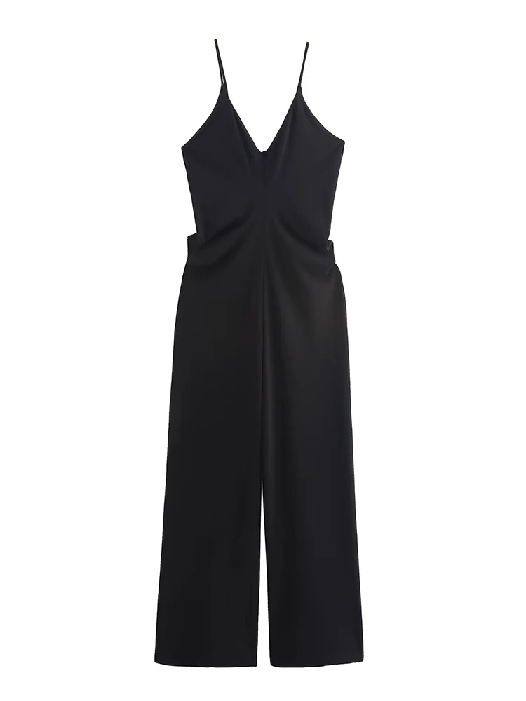 

2025 Spring New Women's Clothing European and American Style Fashion Simple V-neck Suspender Long Jumpsuit