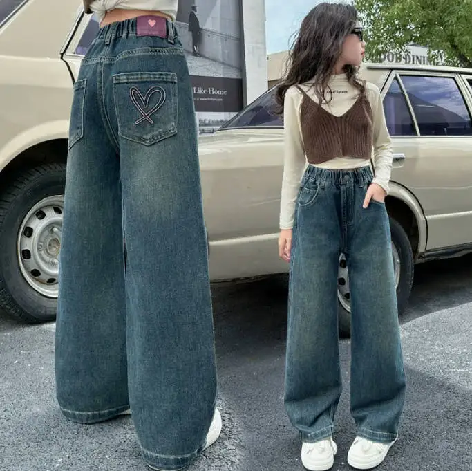 

Girls Jeans Spring& Autumn New Children's Casual Fashion Straight Leg Denim Pants Teenage Kids Love Embroidery Wide-leg Trousers
