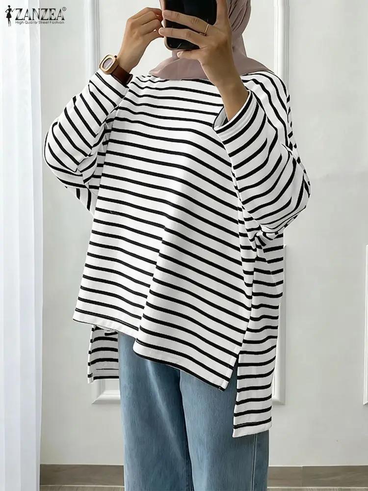 

2025 Autumn Striped Blouse ZANZEA Fashion Women Long Sleeve Tops O Neck Loose Shirt Muslim Abaya Casual High Low Blusas Mujer