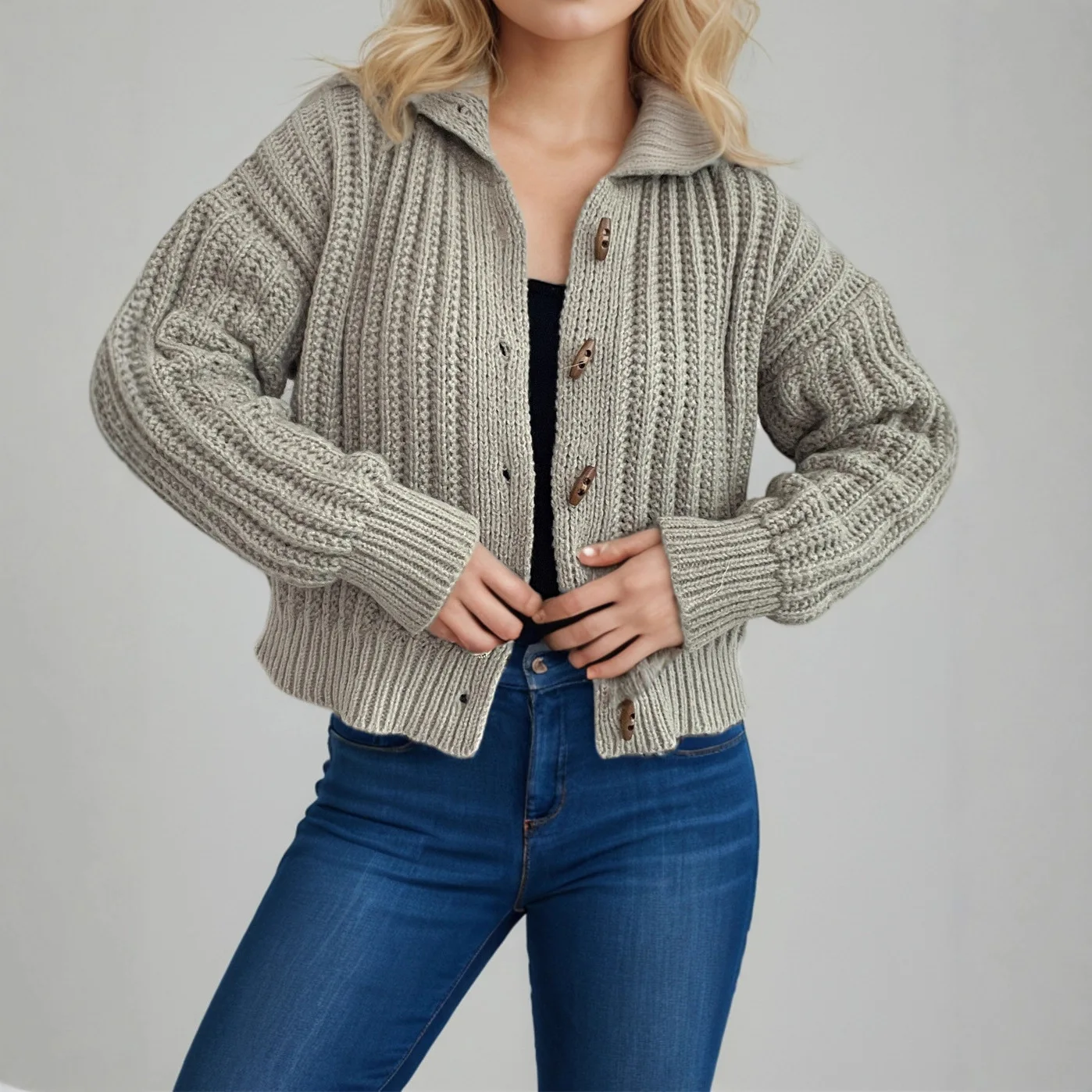 2025 Autumn Winter New Vintage Knitted Cardigan Turn-down Collar Casual Horn Button Fashion Unique Sweater Coat