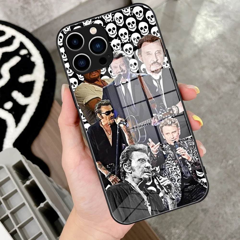 For IPhone 15 Johnny Hallyday Skullies Phone Case Glass for IPhone 13 14 12 11Pro XR XS MAX 14 Plus SE Pro Design Glass Cover