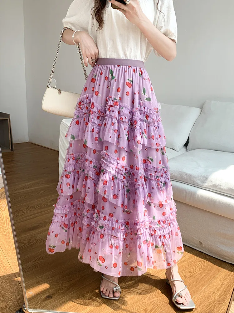 

Summer Sweet Cherry Floral Print Chiffon Skirts Women's High Waist Elastic Patchwork Mesh Ruffles Long Cake A-line Skirt