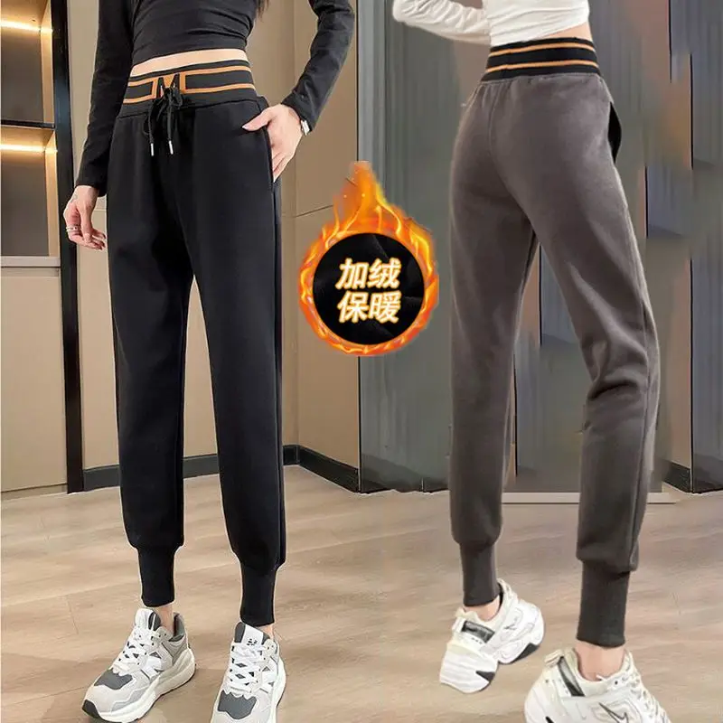 2022 New Casual Color Blocking Drawstring Women Pencil Pants High Waist Plush Thickening Keep Warm Lady Cotton-padded Trousers