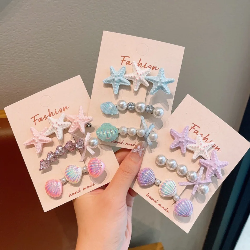 Toddler Sweet Pearl Starfish Hairpin Forehead Broken Hair Bangs Clip Girl Heart Princess Hairpin Cute Duck Bill Clip Hair ZX07