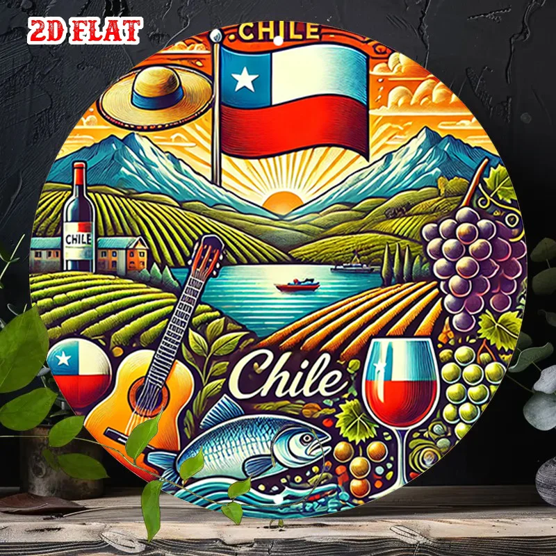 2D Flat, 1pc Chile-Themed Round Metal Wall Art - Chilean Flag, Map & National Symbols (Concho, Wine, Sheep)