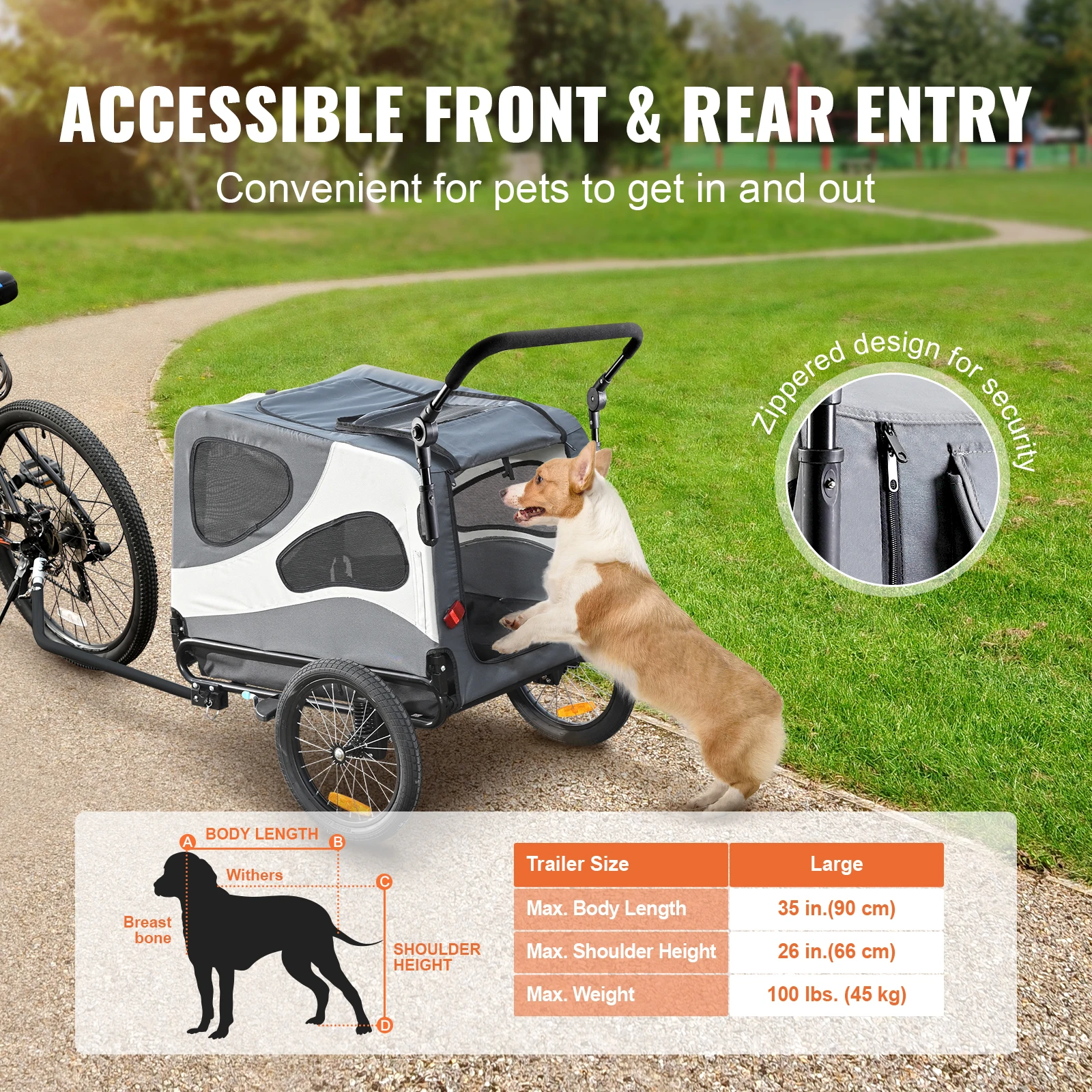 VEVOR Rimorchio Bici per Cani Pieghevole Portata 45 kg Passeggino per Animali Domestici con Ruote a Sgancio Rapido, Attacco Universale per Bici, Carrello per Bici Traino Rimorchio Animali Nero/Grigio