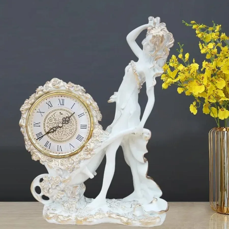 European Antique Crafts Clocks Resin Retro Watches Table Clock Goddess Figurine Quartz Mute Desk Clocks Home Decor