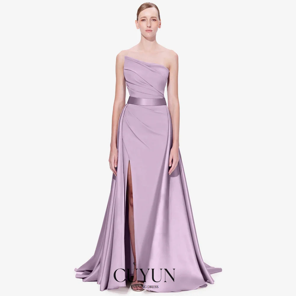 

CUYUN Lilac Strapless Evening Dresses Formal Satin High Slit Women Party Dresses Customized A Line Special Occasion Gown