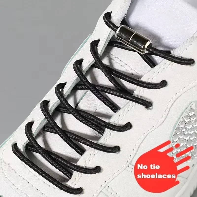 Elastic Lazy No Tie Round Shoelace Round Stretch Replacement Shoe Laces with Cylinder Metal Lock Easy Install for Casual Sneaker