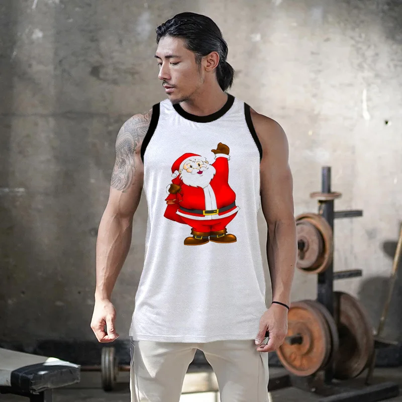 

Mens Clothing Christmas Bodybuilding Fitness Mesh Quick-drying Stretch Sleeveless Vest Tank Top Muscule Santa Print Singlets