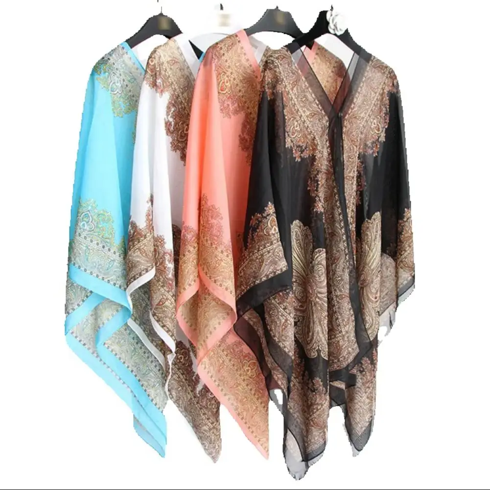 2025 bufanda para mujer Poncho con estampado de flores de anacardo gasa multifunción Vintage Anti-sol Bikini cubrir playa Bikini cubrir Ups