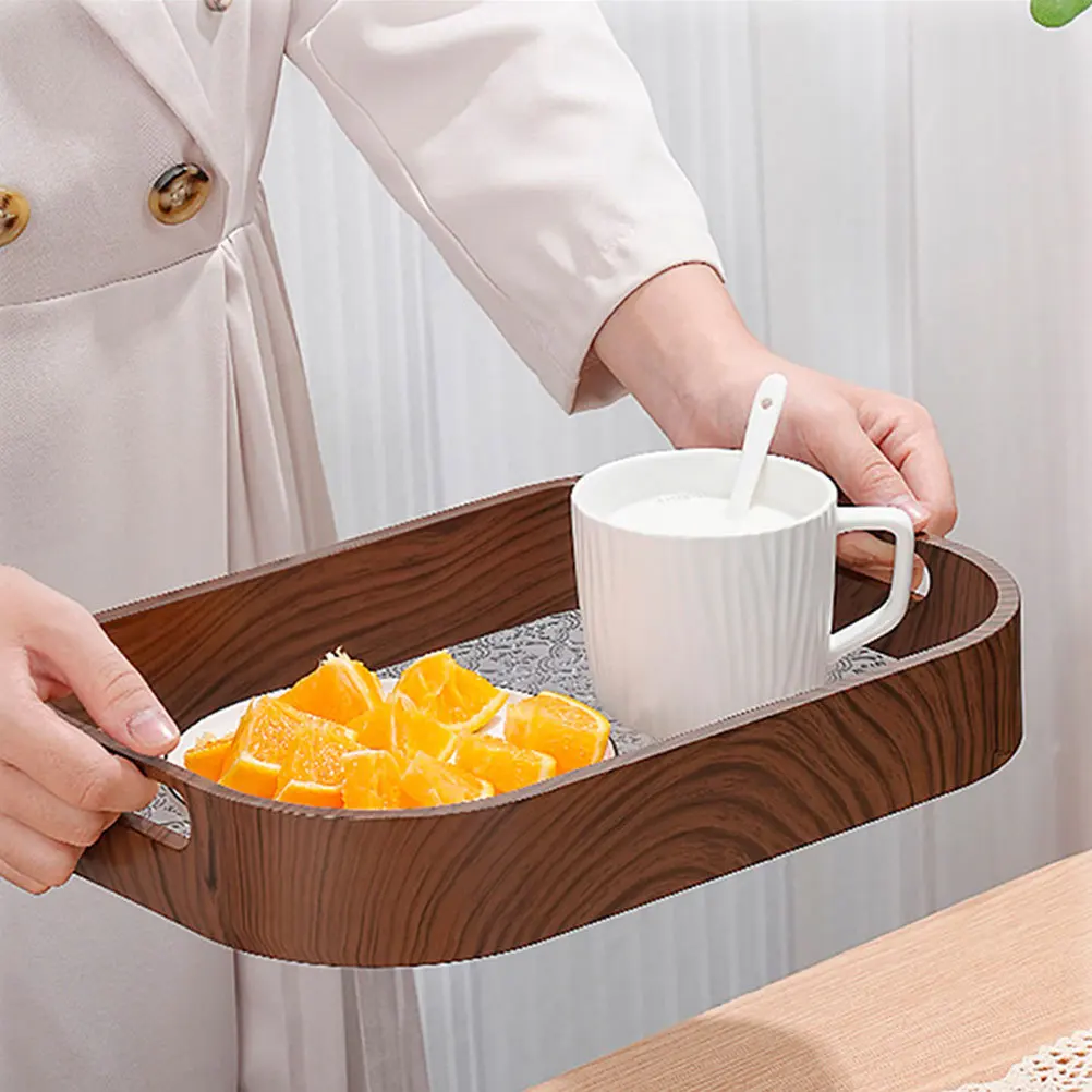 

1pc Wood Grain Tray Reusable Abs Snack Serving Plate Large Capacity Fruit Dish For Holiday Party Dried Fruit Tray Embossed