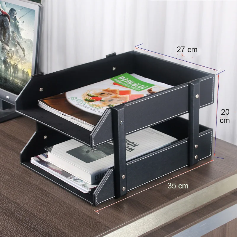 double-layer A4 detachable office wooden leather document magazine rack tray file organizer holder filing paper box brown 212B