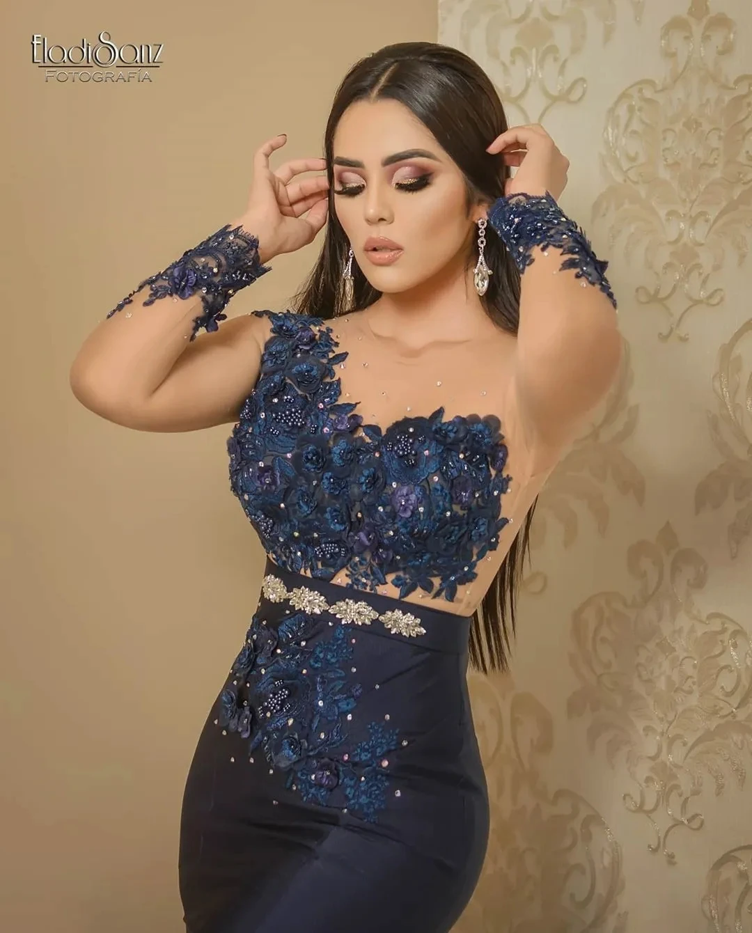 Navy Blue Aso Ebi African Evening Dresses Mermaid Long Sleeves Appliques Pearls Long Dubai Saudi Arabic Evening Gown Prom