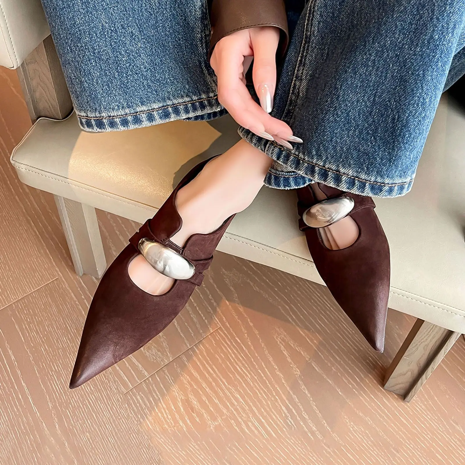 Arden Furtado Spring sheepskin Metal buckle small leather shoes Pointed toe Pull-on Low heel Single shoe commute Flats
