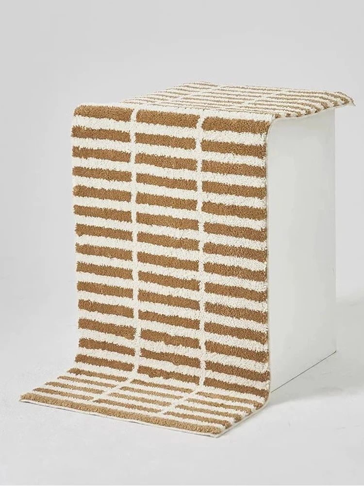 Vintage Style Long Rectangle Bedside Rug Checkered INS Foot Mat Bedroom Bathroom Absorbent Door Mat Rectangular Flocking Carpet