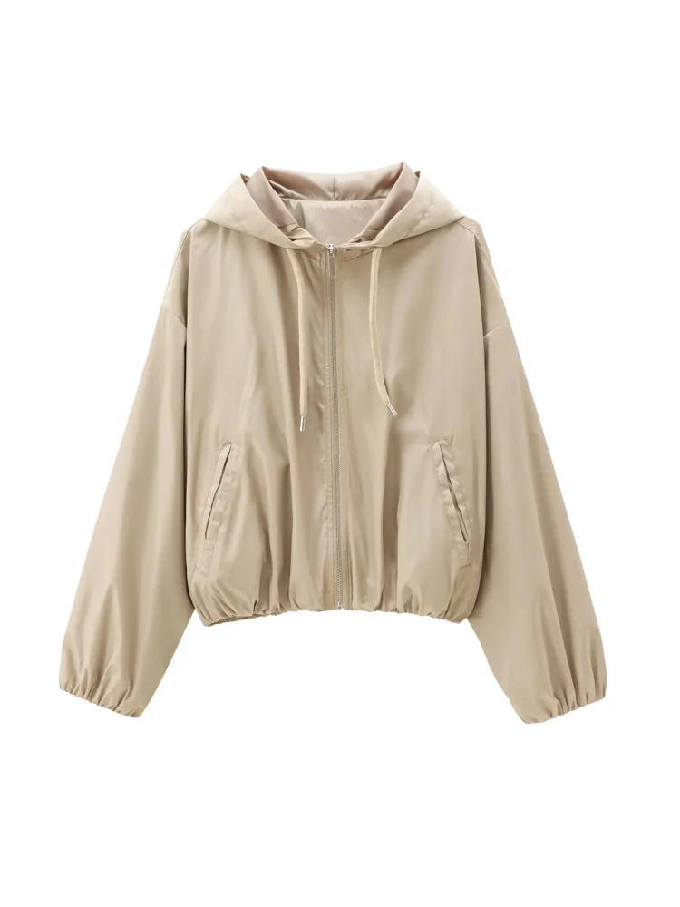 KAOPU ZA Women with drawstring cropped hooded jacket vintage long sleeve zip-up female outerwear chic tops