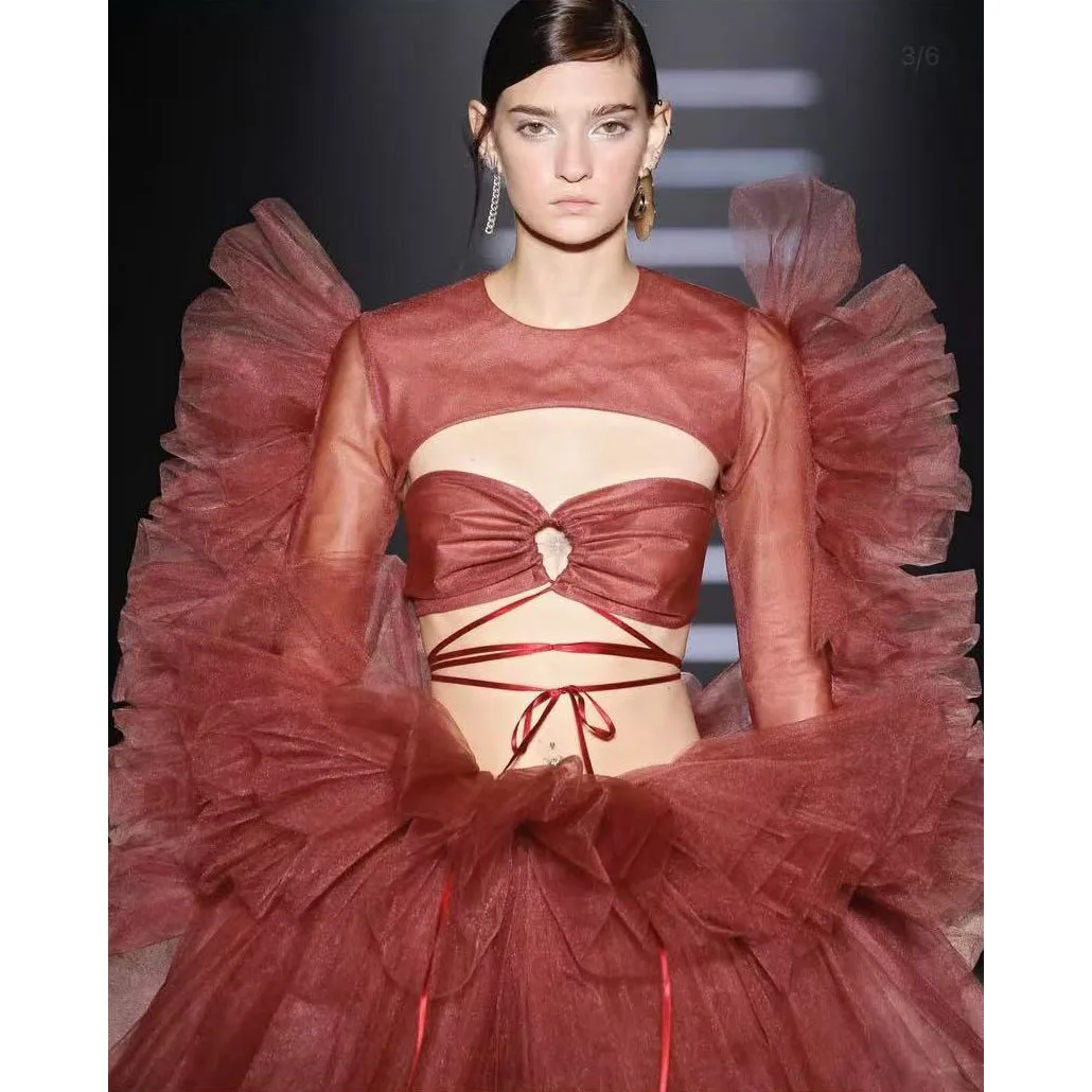 Burgundy Full Sleeve Flare Puffy Maxi Prom Dress O-Neck Ankle Length Lush Sexy Beauty Party Gown Customizable Long Dress