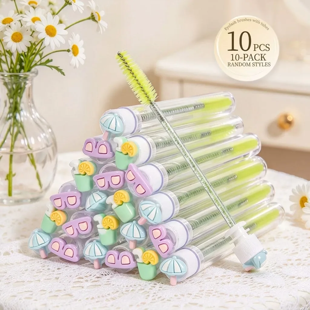 10pcs Portable Tubed Eyelash Spoolie Dual-Use Lash & Brow Brush for Extensions Bendable Head Travel Makeup Tool for Summer Beach
