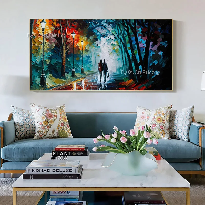 

Modern Colorful Tree Scape Artwork New Design Handmade Couple Walking On The Path Landscape Thick Canvas Oil Painting For Decor