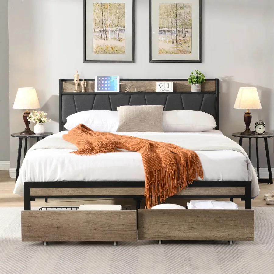 FULL Size Metal Platform Bed Frame with upholstery storage function Headboard and USB LINER and Footboard with drawers No Box S