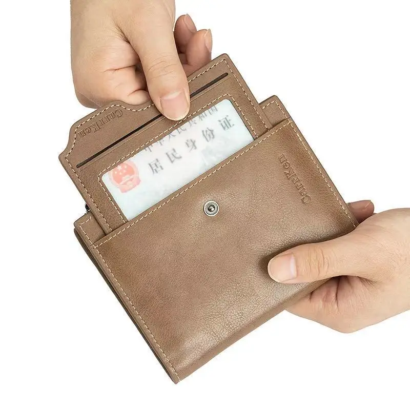 Fashion Snap Button Men's Short Wallet Vintage Leather Coin Purse Tri Fold Card Holder Zipper Male Money Wallet
