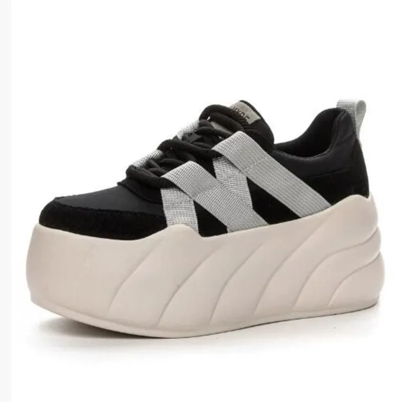 

8cm New Synthetic Women Stable High Platform Chunky Sneakers Fashion Spring Autumn Vulcanize Cow Genuine Leather Lace Up Shoes