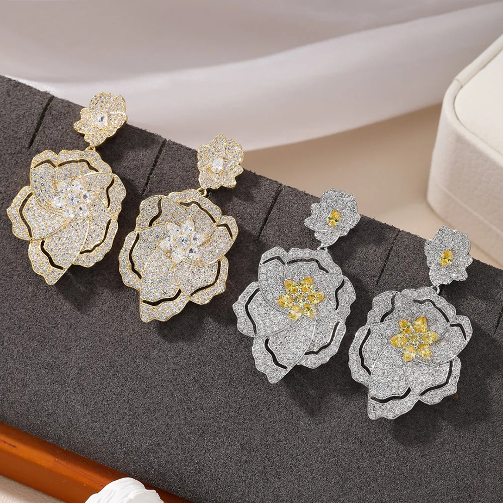 

Missvikki High Quality New Romantic Flower Earrings INS Style Yellow Stone Cubic Zirconia Women Wedding Trendy Earrings Bijoux