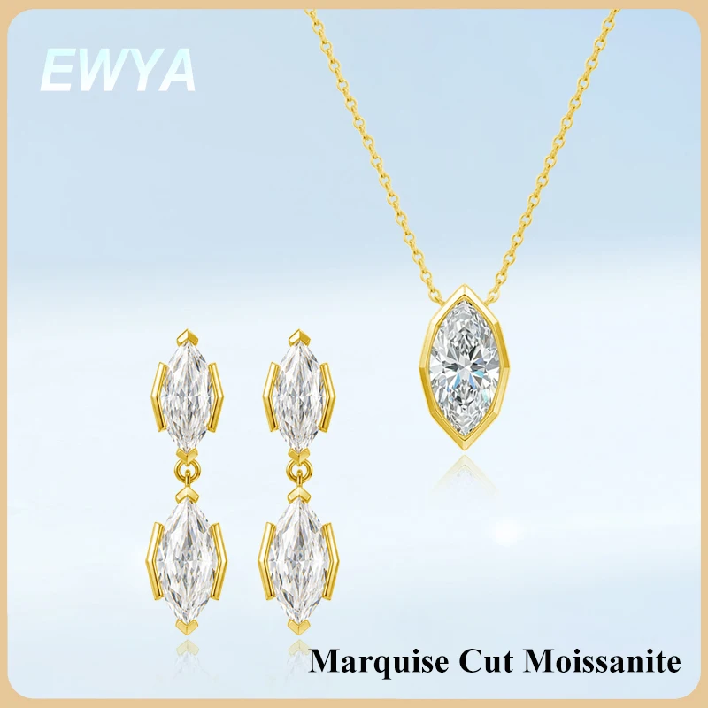 EWYA 3CT Marquise Cut Moissanite Bezel Set Pendant Necklace for Women Man S925 Silver Minimalist Lab Diamond Drop Earrings Set