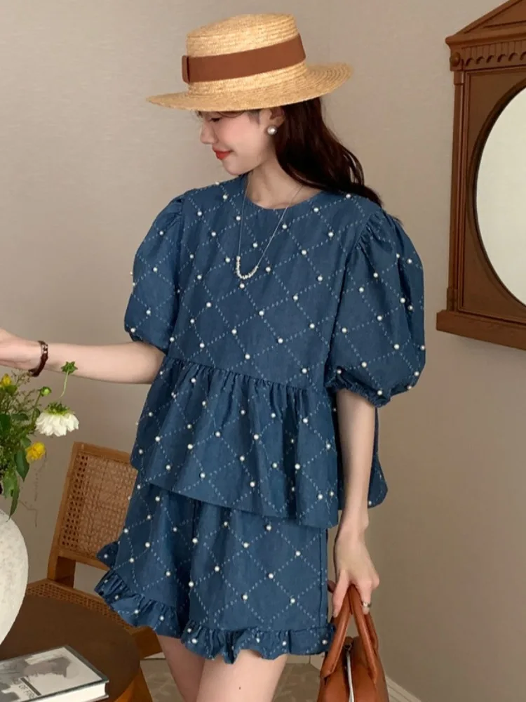 

East Gate Ретро антивозрастной круглый Ne Beaded Bubble Sve Denim Doll irt с высокой талией и широкими штанинами, комплект женской моды