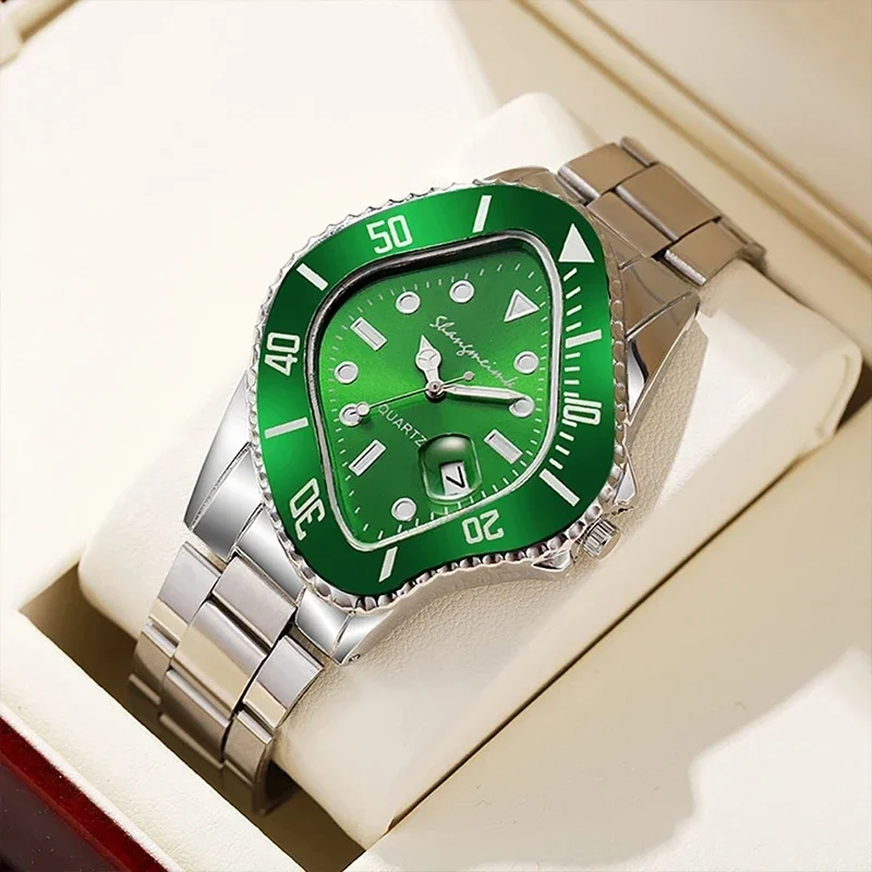 Watch for Men Unusual Conceptual Reloj Crash Melting Twist Shaped Case Quartz Wristwatch Male Man Rhombic Green Clock