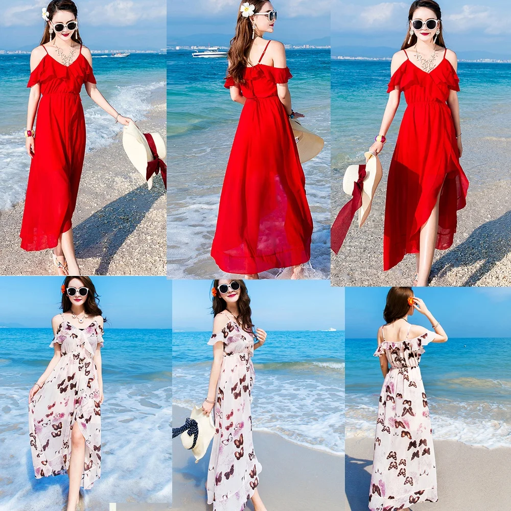 Zomer 202 Red n Long Beach Dr Dames Vaion-jurk Asymmetrische zoom V-Ne Hoge taille A-lijn rok Sle