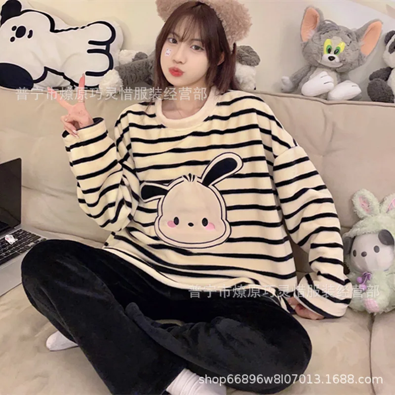 

Sanrio мультфильм Hangyodon женские плюшевые пижамные топы брюки аниме Kawaii Pochacco Kuromi коралловый флис утепленная теплая домашняя одежда для девочек