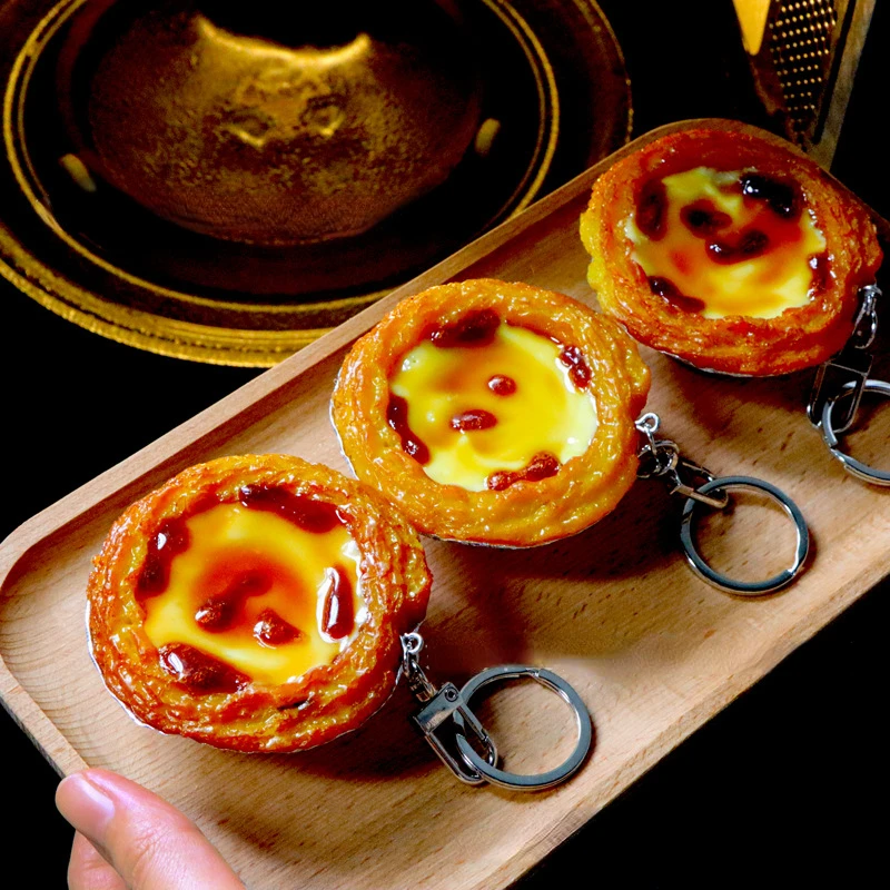 New Egg Tart Keychain Creative Fashion Simulation Food DIY Toy Model Keyring Car Phone Bag Pendant Gift Ornament Trinket Jewelry