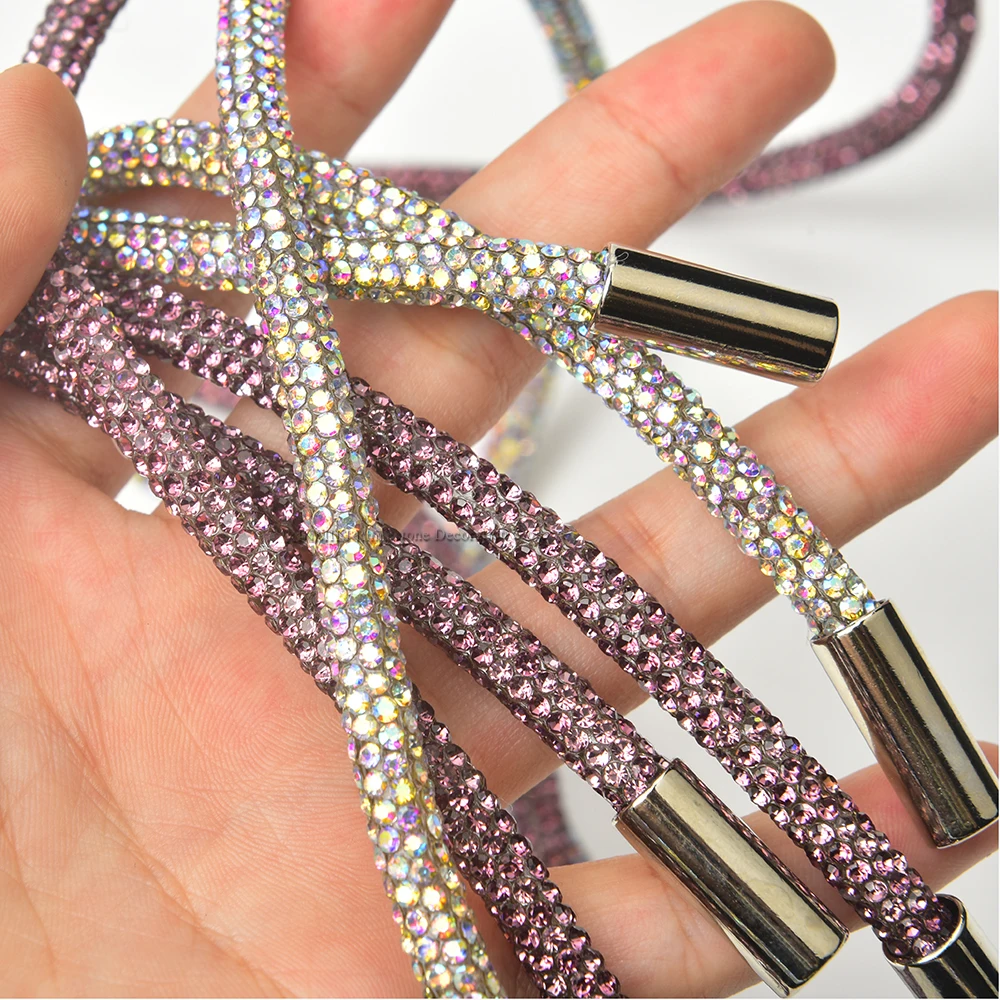 105/120cm Light Purple Crystal AB Glass Rhinestone Tube Cord Glitter Crystal String Strass Rope for Clothing Belt Hoodies
