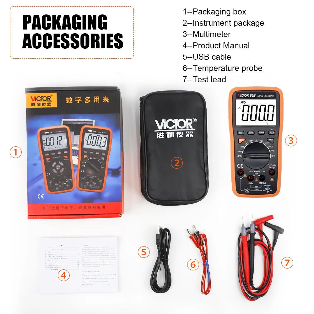 Imagem -06 - Victor 86b Multímetro Digital Alcance Automático ac dc Temperatura Freqüência Display Lcd Capacitor Tester Usb Conecte Transferência Polymeter